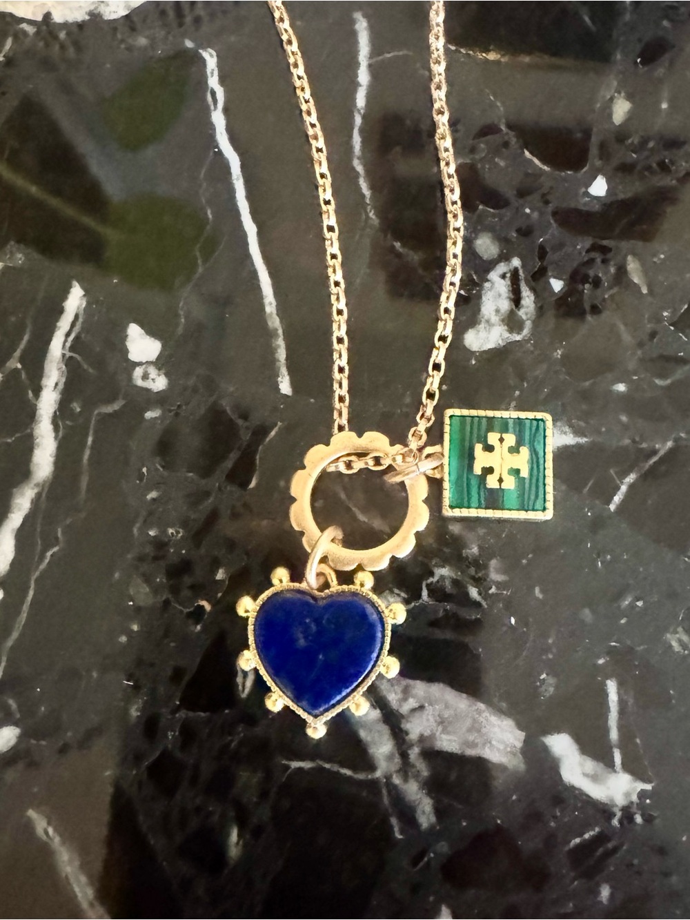 Tory Burch Gold-Tone Necklace with Lapis Lazuli Charm Heart and Malachite Charm